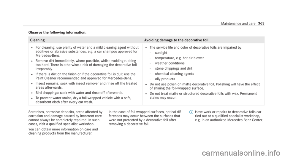 MERCEDES-BENZ C CLASS 2019  Owners Manual Observethefollowing information:
CleaningAvoiding damagetothe decorativefoil
RFor cleaning, use plenty ofwater and a mild cleaning agent withoutadditives or abrasivesubstances, e.g. a car shampoo appr