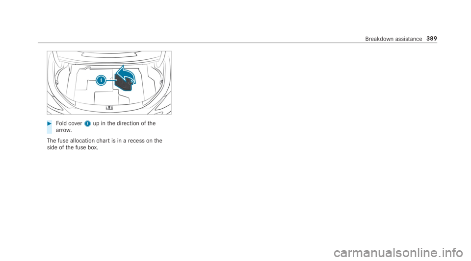 MERCEDES-BENZ C CLASS 2019  Owners Manual �Fold cover1up inthe direction ofthearrow.
The fuse allocationchart is in arecess ontheside ofthe fuse box.
Breakdown assistance389 