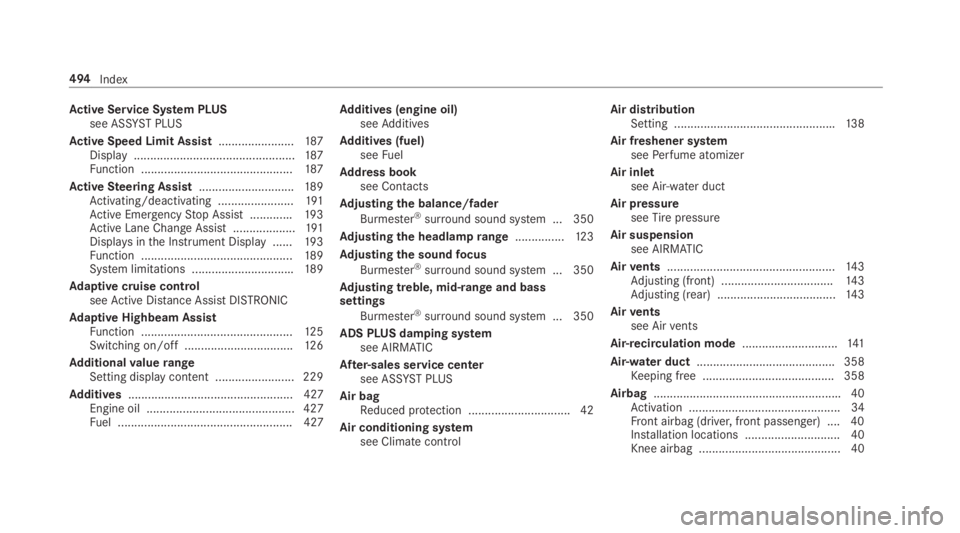 MERCEDES-BENZ C CLASS 2019  Owners Manual Active Service System PLUSsee ASSYSTPLUS
Active Speed Limit Assist.......................187Display.................................................187Function ........................................