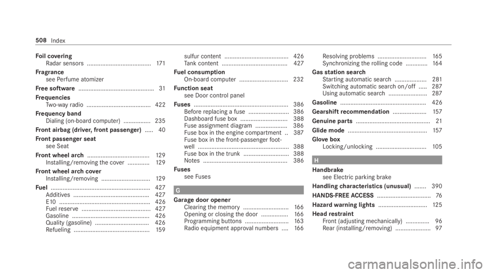 MERCEDES-BENZ C CLASS 2019 Owners Manual Foil coveringRadar sensors ......................................171
FragranceseePerfume atomizer
Free software.............................................31
FrequenciesTwo-wayradio ................. MERCEDES-BENZ C CLASS 2019 Owners Manual Foil coveringRadar sensors ......................................171
FragranceseePerfume atomizer
Free software.............................................31
FrequenciesTwo-wayradio .................