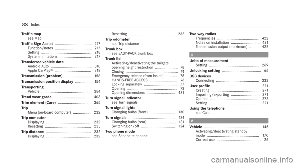 MERCEDES-BENZ C CLASS 2019  Owners Manual Traffic mapsee Map
Traffic Sign Assist....................................217Function/notes ....................................217Setting .................................................218System li