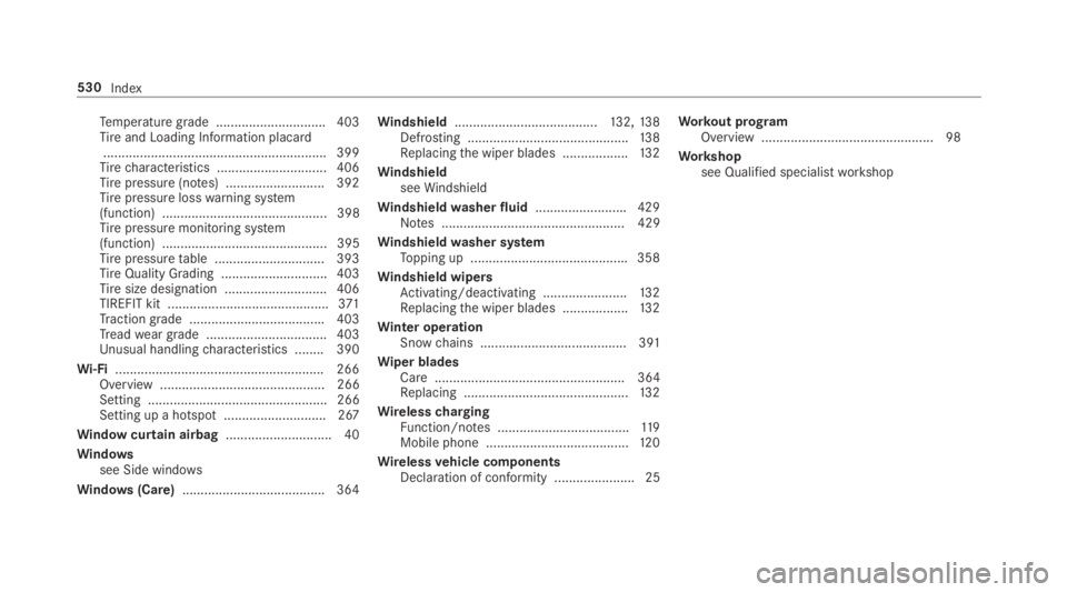 MERCEDES-BENZ C CLASS 2019  Owners Manual Temperature grade .............................. 403Tireand Loading Information placard.............................................................399Tirecharacteristics .............................