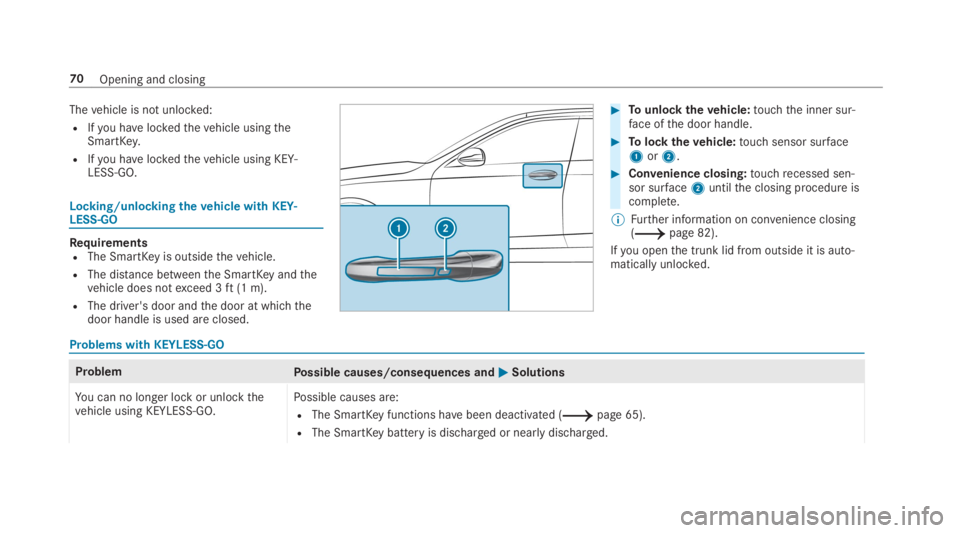 MERCEDES-BENZ C CLASS 2019  Owners Manual Thevehicle is not unlocked:
RIfyou havelockedthevehicle usingtheSmartKey.
RIfyou havelockedthevehicle using KEY‐LESS-GO.
Locking/unlockingthevehicle with KEY‐LESS-GO
RequirementsRThe SmartKeyis ou