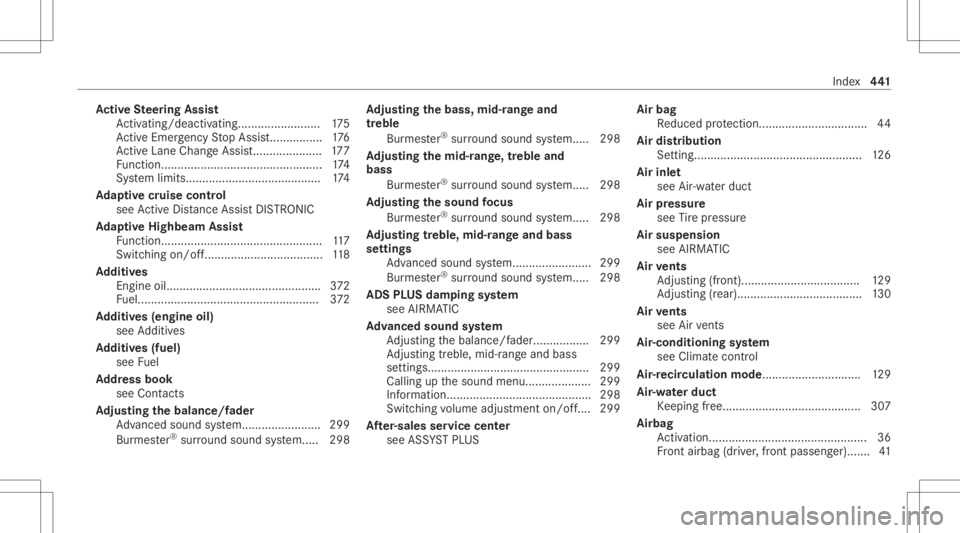 MERCEDES-BENZ C CLASS 2021  Owners Manual Ac
tiv eSte ering Assis t
Ac tivati ng/d eactiv ating........... ..............175
Ac tiveEmerg encyStop Assis t................ 176
Ac tiveLa ne Chang eAssi st<001100110011001100110011001100110011001
