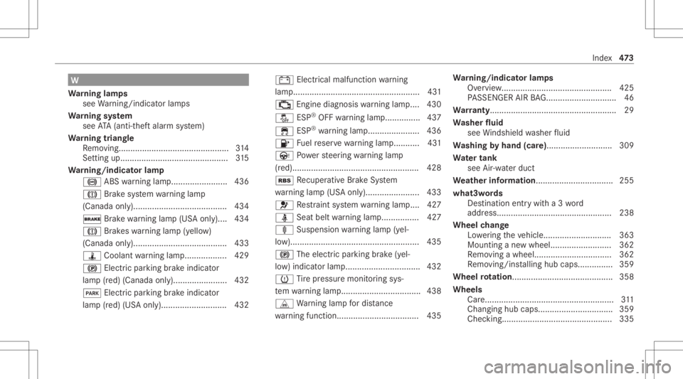 MERCEDES-BENZ C CLASS 2021 Owners Manual W
Wa rning lam ps
see Warning/ indic ator lam ps
Wa rning system
see ATA(anti-t heftal ar m system)
Wa rning triang le
Re mo ving... ............................................ 314
Se tting up<001100 MERCEDES-BENZ C CLASS 2021 Owners Manual W
Wa rning lam ps
see Warning/ indic ator lam ps
Wa rning system
see ATA(anti-t heftal ar m system)
Wa rning triang le
Re mo ving... ............................................ 314
Se tting up<001100