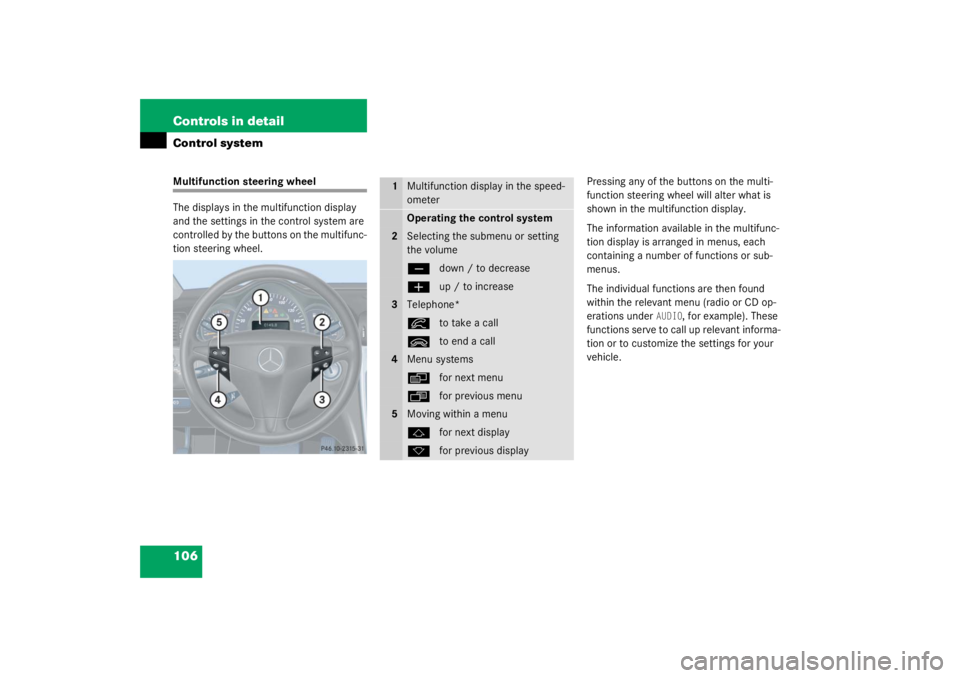 MERCEDES-BENZ C CLASS COUPE 2003  Owners Manual 106 Controls in detailControl systemMultifunction steering wheel
The displays in the multifunction display 
and the settings in the control system are 
controlled by the buttons on the multifunc-
tion