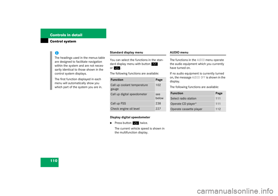 MERCEDES-BENZ C CLASS COUPE 2003  Owners Manual 110 Controls in detailControl system
Standard display menu
You can select the functions in the stan-
dard display menu with button
k
 
or
j
.
The following functions are available:
Display digital spe