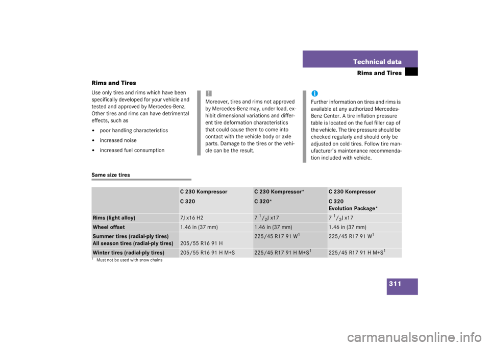 MERCEDES-BENZ C CLASS COUPE 2003  Owners Manual 311
Technical data
Rims and Tires
Rims and Tires
Use only tires and rims which have been 
specifically developed for your vehicle and 
tested and approved by Mercedes-Benz. 
Other tires and rims can h