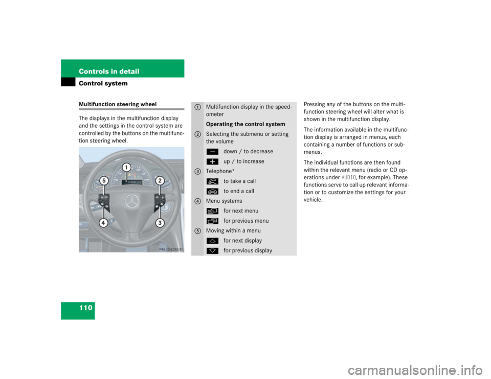 MERCEDES-BENZ C CLASS COUPE 2004  Owners Manual 110 Controls in detailControl systemMultifunction steering wheel
The displays in the multifunction display 
and the settings in the control system are 
controlled by the buttons on the multifunc-
tion