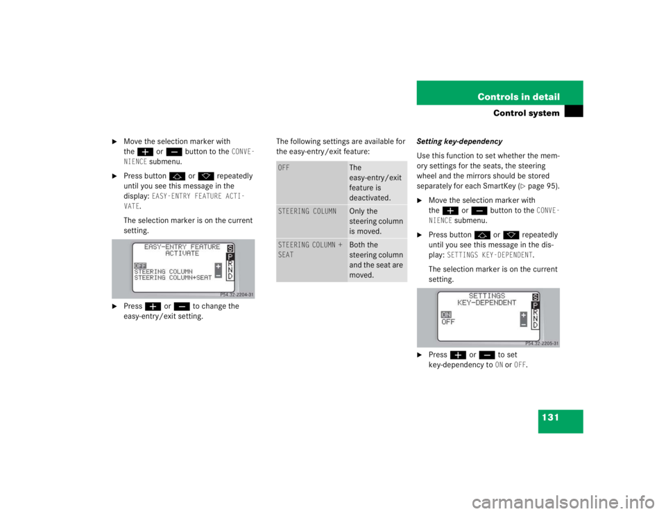 MERCEDES-BENZ C CLASS COUPE 2004  Owners Manual 131
Controls in detail
Control system

Move the selection marker with 
the
æ  orç  button to the 
CONVE-
NIENCE
 submenu.

Press button j ork  repeatedly 
until you see this message in the 
displa