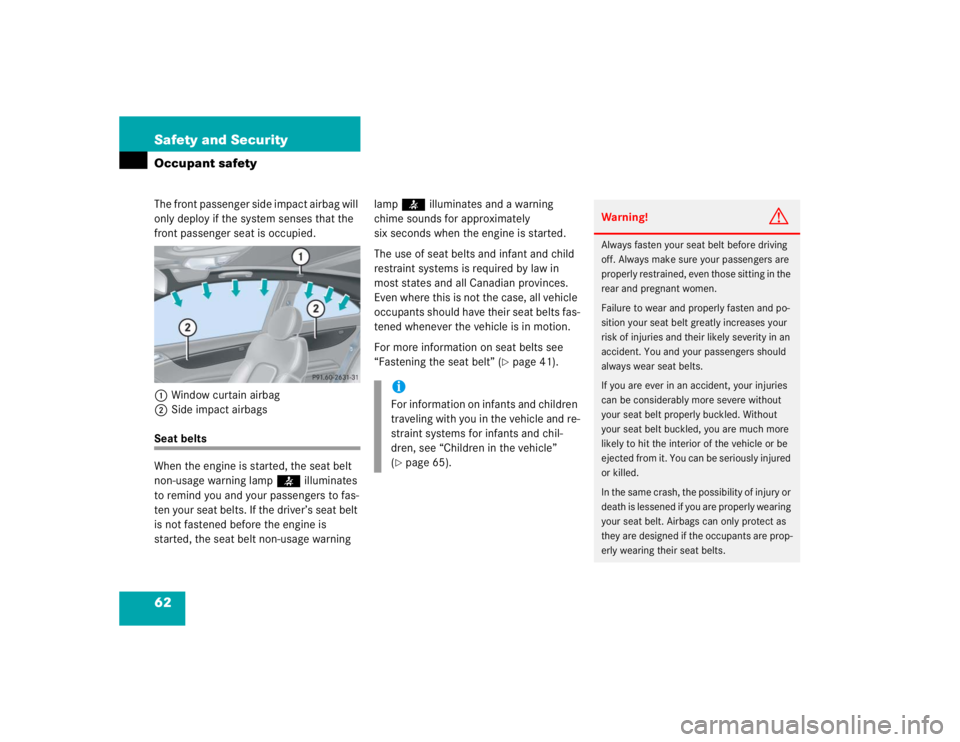MERCEDES-BENZ C CLASS COUPE 2004 Repair Manual 62 Safety and SecurityOccupant safetyThe front passenger side impact airbag will 
only deploy if the system senses that the 
front passenger seat is occupied.1 Window curtain airbag
2 Side impact airb