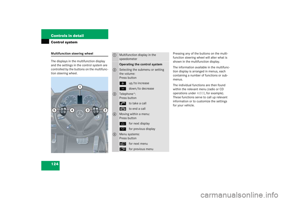 MERCEDES-BENZ C CLASS COUPE 2005  Owners Manual 124 Controls in detailControl systemMultifunction steering wheel
The displays in the multifunction display 
and the settings in the control system are 
controlled by the buttons on the multifunc-
tion