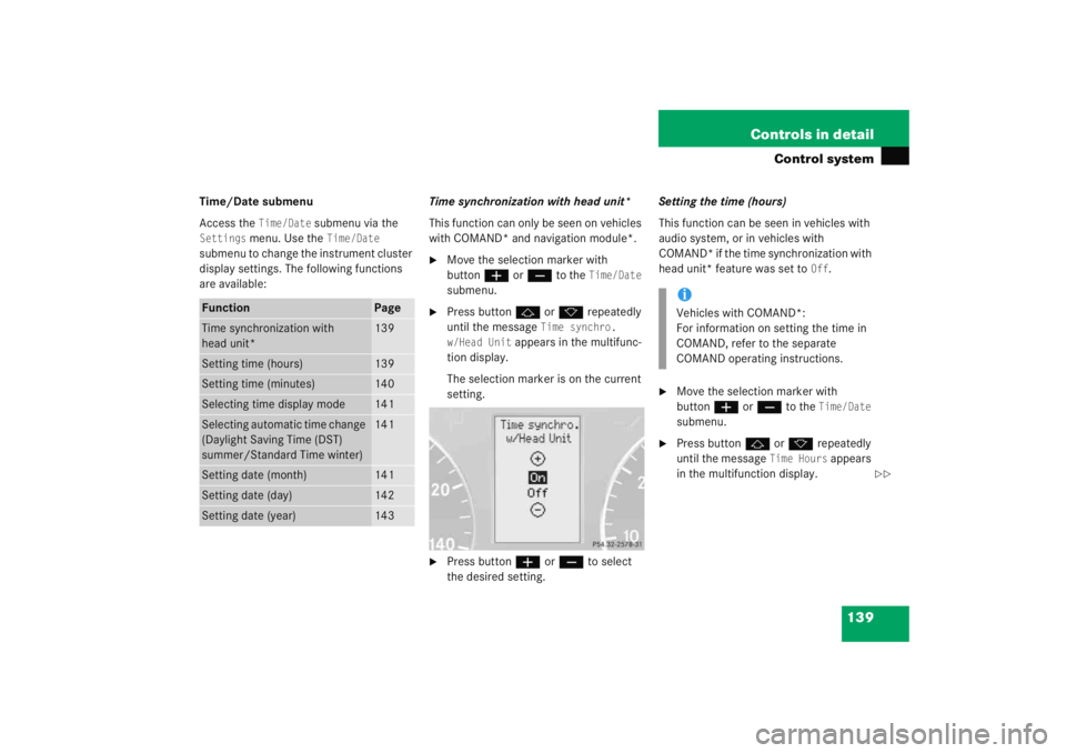 MERCEDES-BENZ C CLASS COUPE 2005  Owners Manual 139
Controls in detail
Control system
Time/Date submenu
Access the 
Time/Date
 submenu via the 
Settings
 menu. Use the 
Time/Date
 
submenu to change the instrument cluster 
display settings. The fol