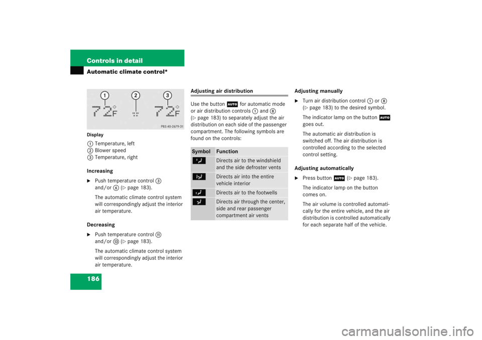 MERCEDES-BENZ C CLASS COUPE 2005 Owners Guide 186 Controls in detailAutomatic climate control*Display1Temperature, left
2 Blower speed
3 Temperature, right
Increasing
Push temperature control 3 
and/or 6 (
page 183).
The automatic climate contr
