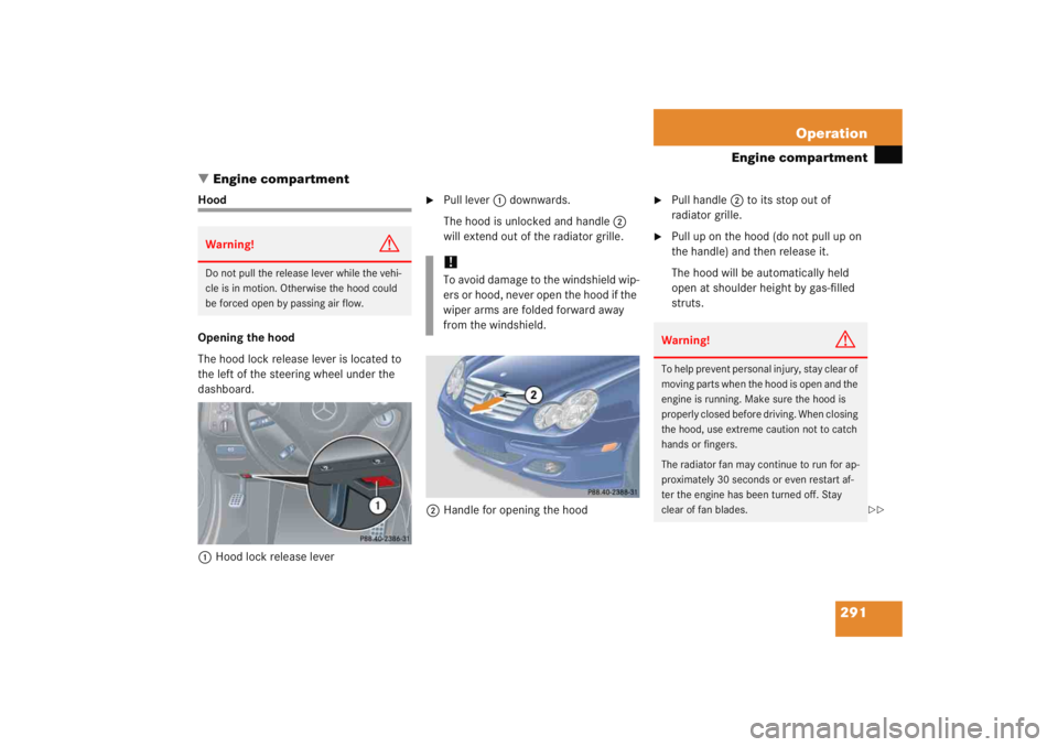 MERCEDES-BENZ C CLASS COUPE 2005 User Guide 291
Operation
Engine compartment
 Engine compartment
Hood
Opening the hood
The hood lock release lever is located to 
the left of the steering wheel under the 
dashboard.
1 Hood lock release lever

