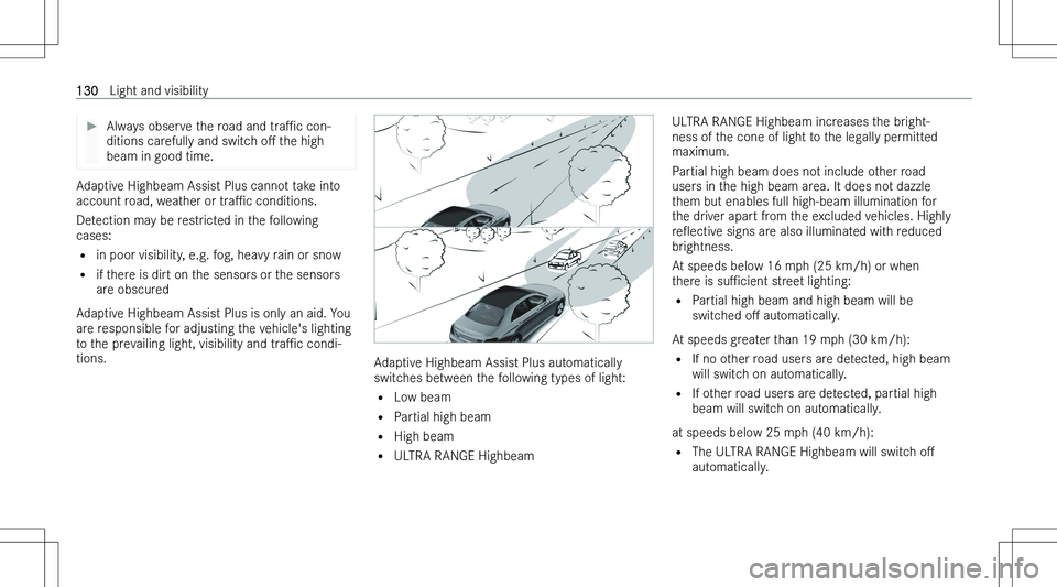 MERCEDES-BENZ C CLASS COUPE 2023  Owners Manual ��A�l�w�a�y�s� �o�b�s�e�r�v�e� �t�h�e� �r�o�a�d� �a�n�d� �t�r�aP�c� �c�o�n�-
�d�i�t�i�o�n�s� �c�a�r�e�f�u�l�l�y� �a�n�d� �s�w�i�t�c�h�  �oM� �t�h�e� �h�i�g�h
�b�e�a�m� �i�n� �g�o�o�d� �t�i�m�e�.�A�
