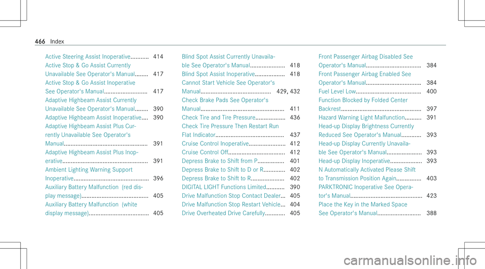 MERCEDES-BENZ C CLASS COUPE 2023  Owners Manual �A�c�t�i�v�e� �S�t�e�e�r�i�n�g� �A�s�s�i�s�t� �I�n�o�p�e�r�a�t�i�v�e�.�.�.�.�.�.�.�.�.�.�. �4�1�4
�A�c�t�i�v�e� �S�t�o�p� �&� �G�o� �A�s�s�i�s�t� �C�u�r�r�e�n�t�l�y
�U�n�a�v�a�i�l�a�b�l�e� �S�e�e� �O�