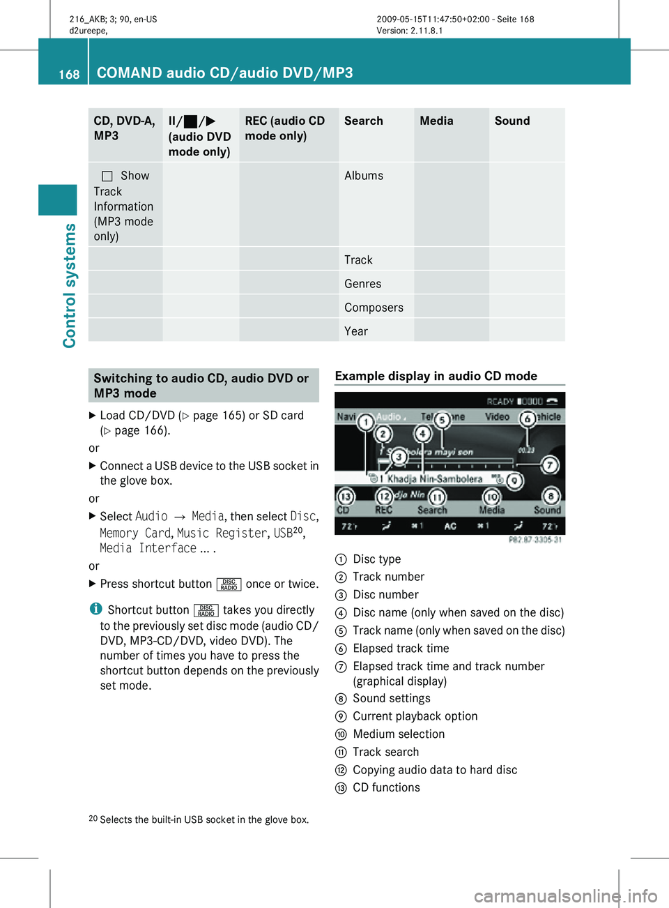 MERCEDES-BENZ CL CLASS 2010 Owners Manual CD, DVD-A,
MP3 II/
¯/M
(audio DVD
mode only) REC (audio CD
mode only) Search Media Sound
ªShow
Track
Information
(MP3 mode
only) Albums
Track
Genres
Composers
Year
Switching to audio CD, audio DVD o MERCEDES-BENZ CL CLASS 2010 Owners Manual CD, DVD-A,
MP3 II/
¯/M
(audio DVD
mode only) REC (audio CD
mode only) Search Media Sound
ªShow
Track
Information
(MP3 mode
only) Albums
Track
Genres
Composers
Year
Switching to audio CD, audio DVD o