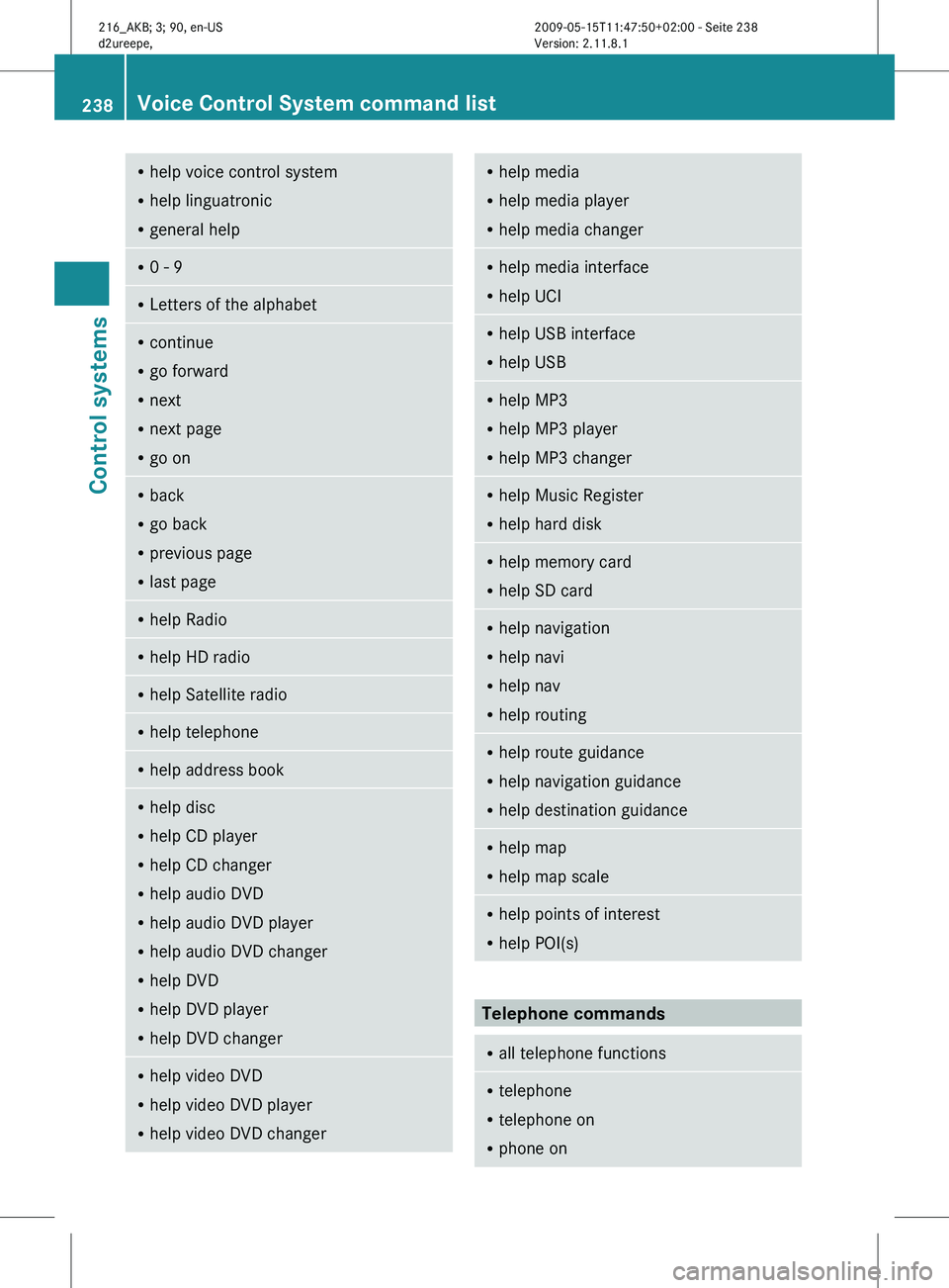 MERCEDES-BENZ CL CLASS 2010 Manual Online R
help voice control system
R help linguatronic
R general help R
0 - 9 R
Letters of the alphabet R
continue
R go forward
R next
R next page
R go on R
back
R go back
R previous page
R last page R
help MERCEDES-BENZ CL CLASS 2010 Manual Online R
help voice control system
R help linguatronic
R general help R
0 - 9 R
Letters of the alphabet R
continue
R go forward
R next
R next page
R go on R
back
R go back
R previous page
R last page R
help