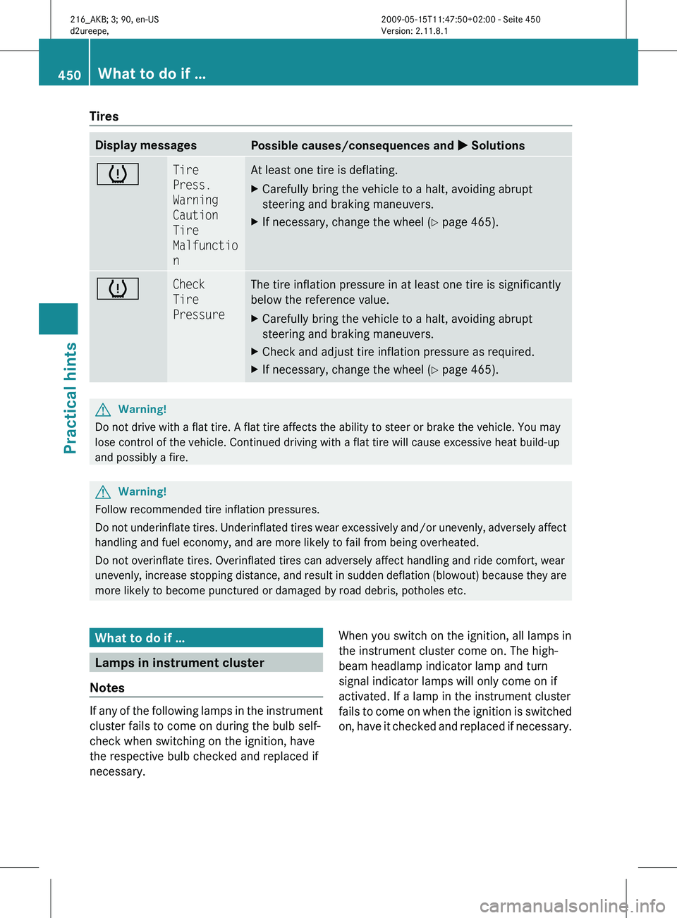 MERCEDES-BENZ CL CLASS 2010 Owners Manual Tires
Display messages
Possible causes/consequences and
X Solutionsh Tire
Press.
Warning
Caution
Tire
Malfunctio
n At least one tire is deflating.
X
Carefully bring the vehicle to a halt, avoidi MERCEDES-BENZ CL CLASS 2010 Owners Manual Tires
Display messages
Possible causes/consequences and
X Solutionsh Tire
Press.
Warning
Caution
Tire
Malfunctio
n At least one tire is deflating.
X
Carefully bring the vehicle to a halt, avoidi