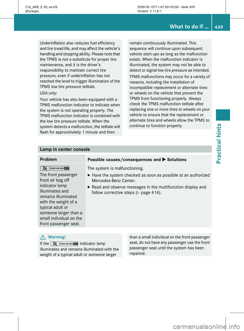 MERCEDES-BENZ CL CLASS 2010  Owners Manual Underinflation also reduces fuel efficiency
and 
tire 
tread life, and may affect the vehicle’s
handling and stopping ability. Please note that
the TPMS is not a substitute for proper tire
maintenan