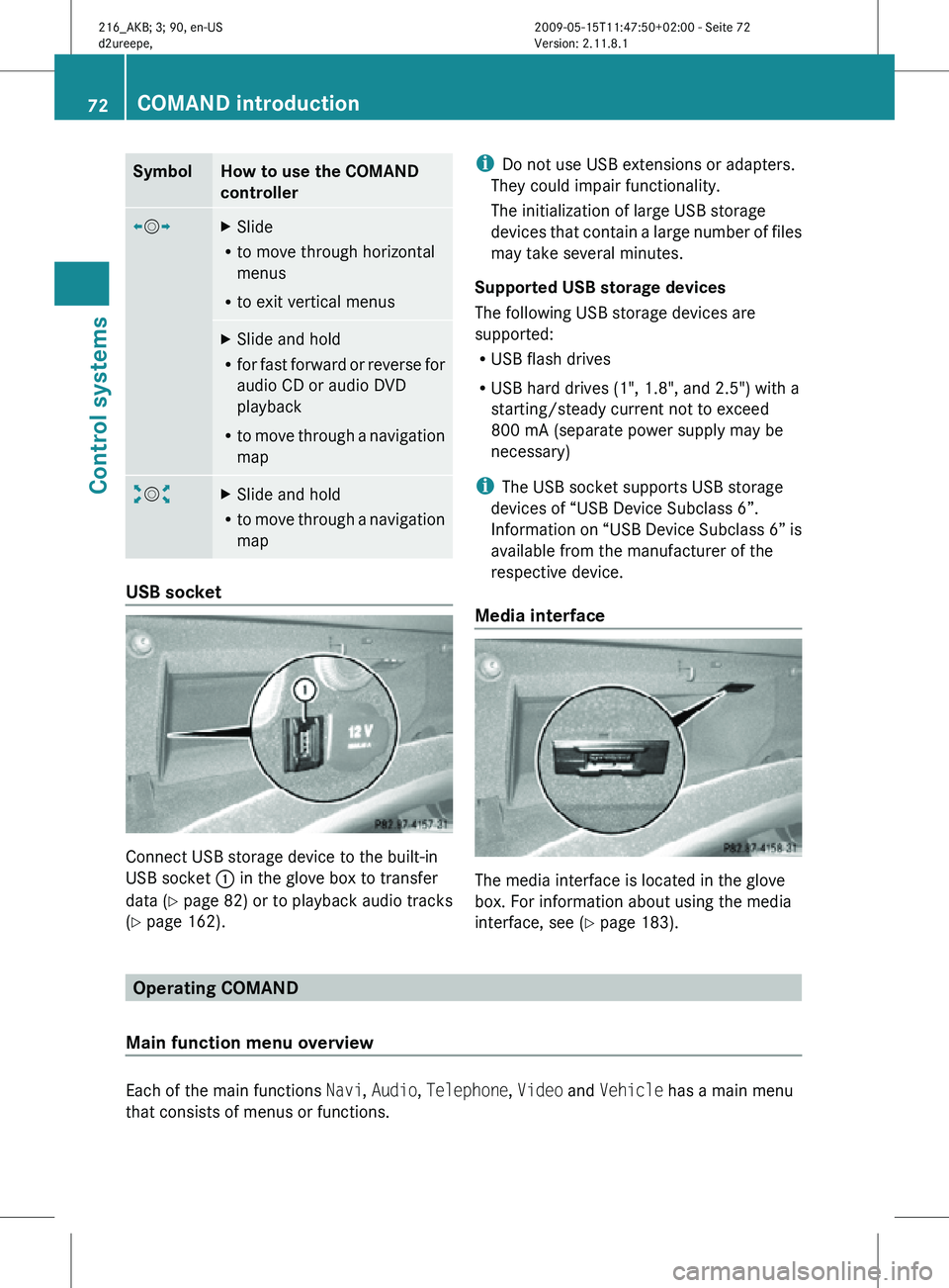 MERCEDES-BENZ CL CLASS 2010  Owners Manual Symbol How to use the COMAND
controller
XVY
X
Slide
R to move through horizontal
menus
R to exit vertical menus X
Slide and hold
R for fast forward or reverse for
audio CD or audio DVD
playback
R to m