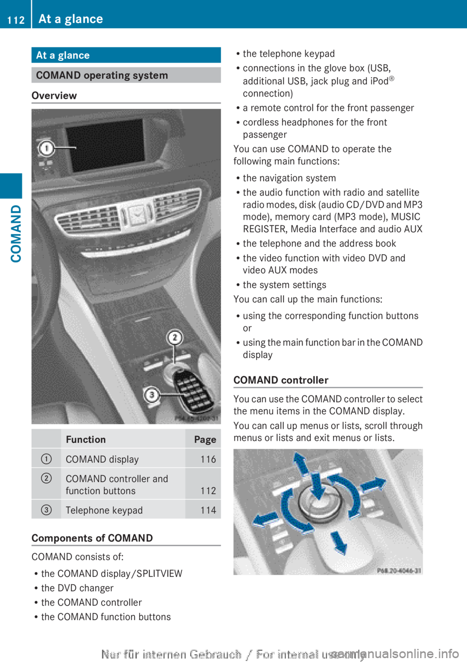 MERCEDES-BENZ CL CLASS 2013 Owners Manual At a glance
COMAND operating system
Overview
FunctionPage:COMAND display116;COMAND controller and
function buttons
112
=Telephone keypad114
Components of COMAND
COMAND consists of:
R the COMAND displa MERCEDES-BENZ CL CLASS 2013 Owners Manual At a glance
COMAND operating system
Overview
FunctionPage:COMAND display116;COMAND controller and
function buttons
112
=Telephone keypad114
Components of COMAND
COMAND consists of:
R the COMAND displa
