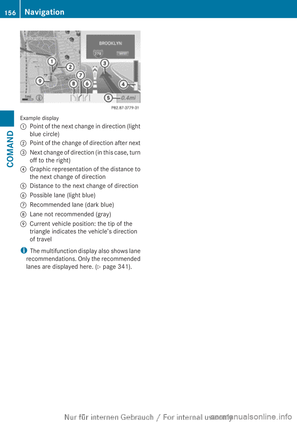 MERCEDES-BENZ CL CLASS 2013  Owners Manual Example display
:Point of the next change in direction (light
blue circle);Point of the change of direction after next=Next change of direction (in this case, turn
off to the right)?Graphic representa