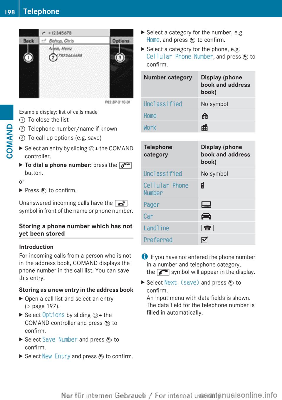 MERCEDES-BENZ CL CLASS 2013  Owners Manual Example display: list of calls made
:To close the list;Telephone number/name if known=To call up options (e.g. save)XSelect an entry by sliding VÆ the COMAND
controller.XTo dial a phone number:  pres