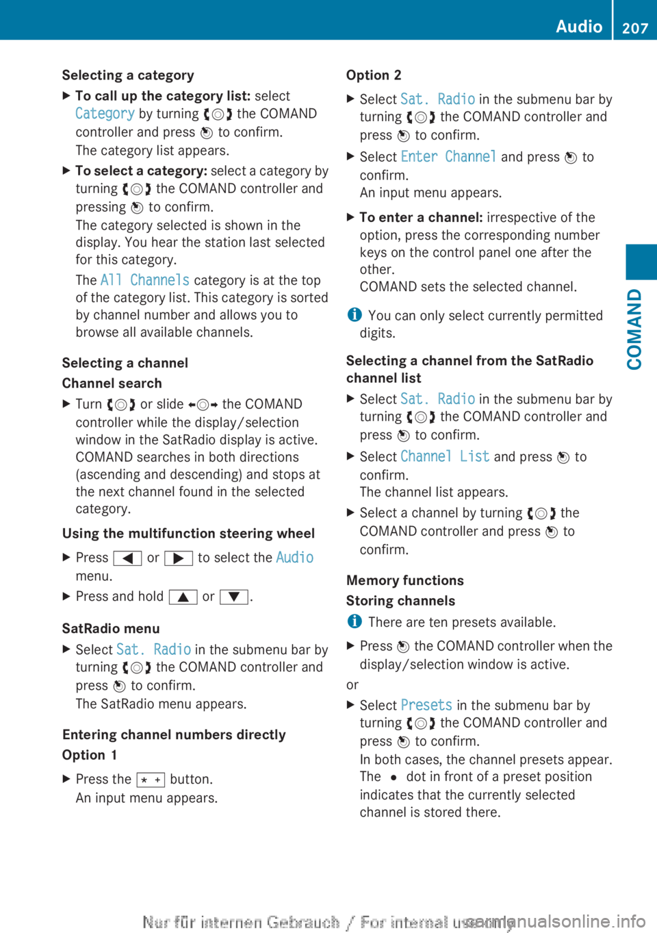 MERCEDES-BENZ CL CLASS 2013  Owners Manual Selecting a categoryXTo call up the category list: select
Category  by turning  cVd the COMAND
controller and press  W to confirm.
The category list appears.XTo select a category:  select a category b