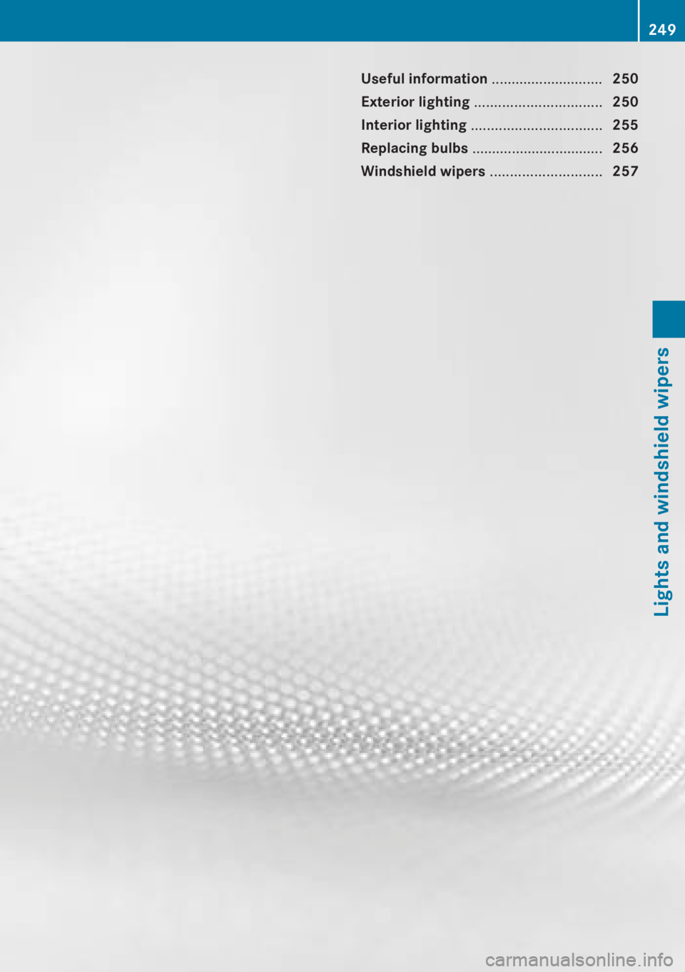 MERCEDES-BENZ CL CLASS 2013  Owners Manual Useful information ............................250
Exterior lighting  ................................ 250
Interior lighting  ................................. 255
Replacing bulbs  ...................
