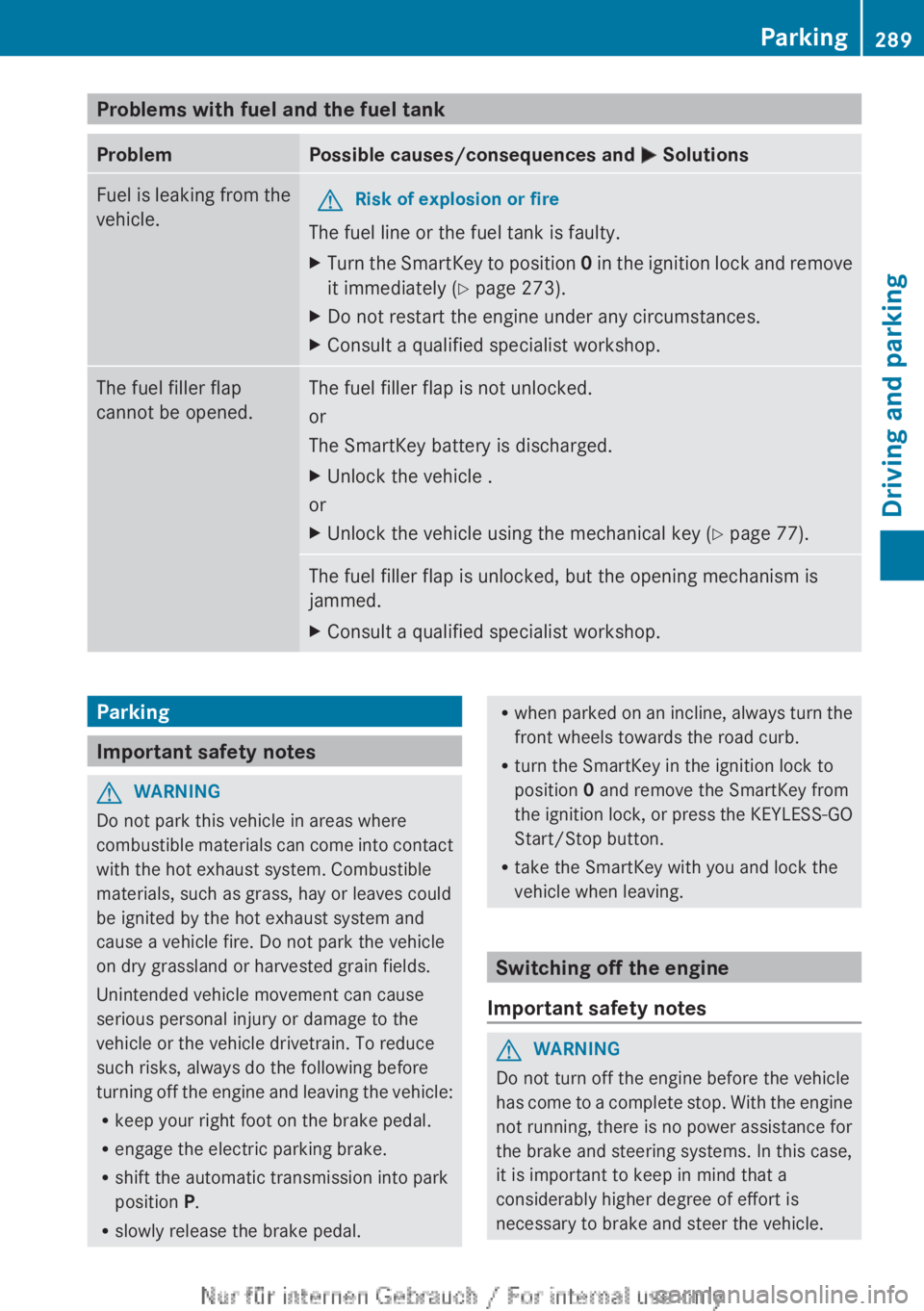 MERCEDES-BENZ CL CLASS 2013  Owners Manual Problems with fuel and the fuel tankProblemPossible causes/consequences and M SolutionsFuel is leaking from the
vehicle.GRisk of explosion or fire
The fuel line or the fuel tank is faulty.
XTurn the S