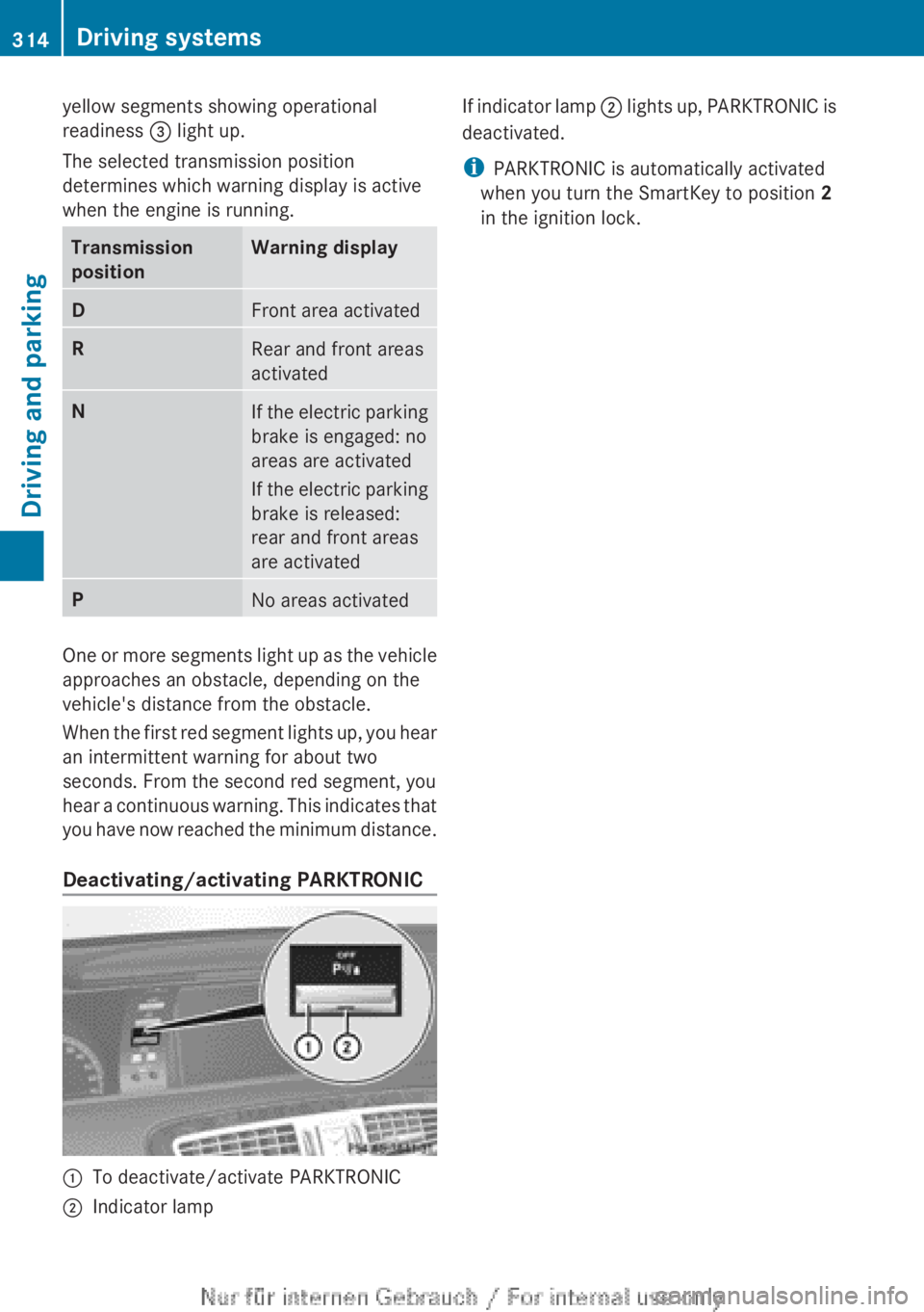 MERCEDES-BENZ CL CLASS 2013  Owners Manual yellow segments showing operational
readiness  = light up.
The selected transmission position
determines which warning display is active
when the engine is running.Transmission 
positionWarning displa