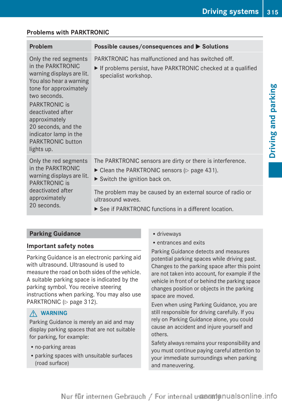 MERCEDES-BENZ CL CLASS 2013  Owners Manual Problems with PARKTRONICProblemPossible causes/consequences and M SolutionsOnly the red segments
in the PARKTRONIC
warning displays are lit.
You also hear a warning
tone for approximately
two seconds.