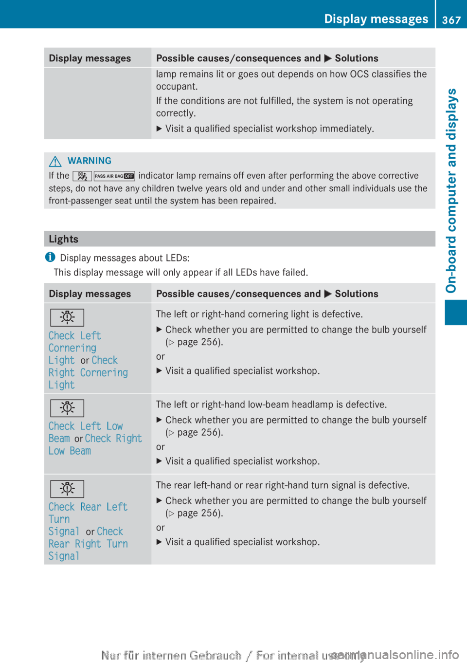 MERCEDES-BENZ CL CLASS 2013 Owners Manual Display messagesPossible causes/consequences and M Solutionslamp remains lit or goes out depends on how OCS classifies the
occupant.
If the conditions are not fulfilled, the system is not operating
co MERCEDES-BENZ CL CLASS 2013 Owners Manual Display messagesPossible causes/consequences and M Solutionslamp remains lit or goes out depends on how OCS classifies the
occupant.
If the conditions are not fulfilled, the system is not operating
co
