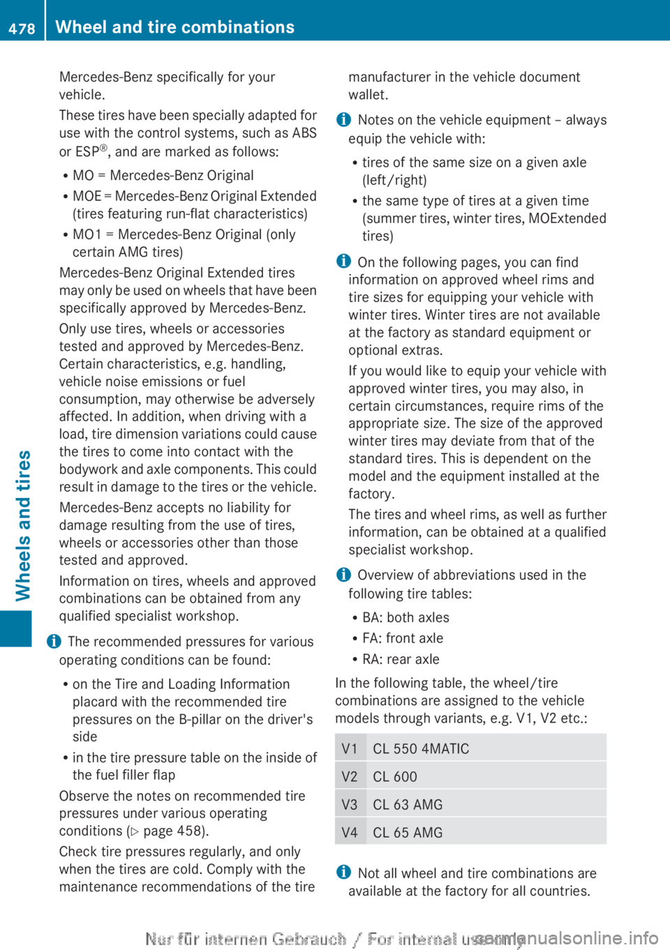 MERCEDES-BENZ CL CLASS 2013  Owners Manual Mercedes-Benz specifically for your
vehicle.
These tires have been specially adapted for
use with the control systems, such as ABS
or ESP ®
, and are marked as follows:
R MO = Mercedes-Benz Original
