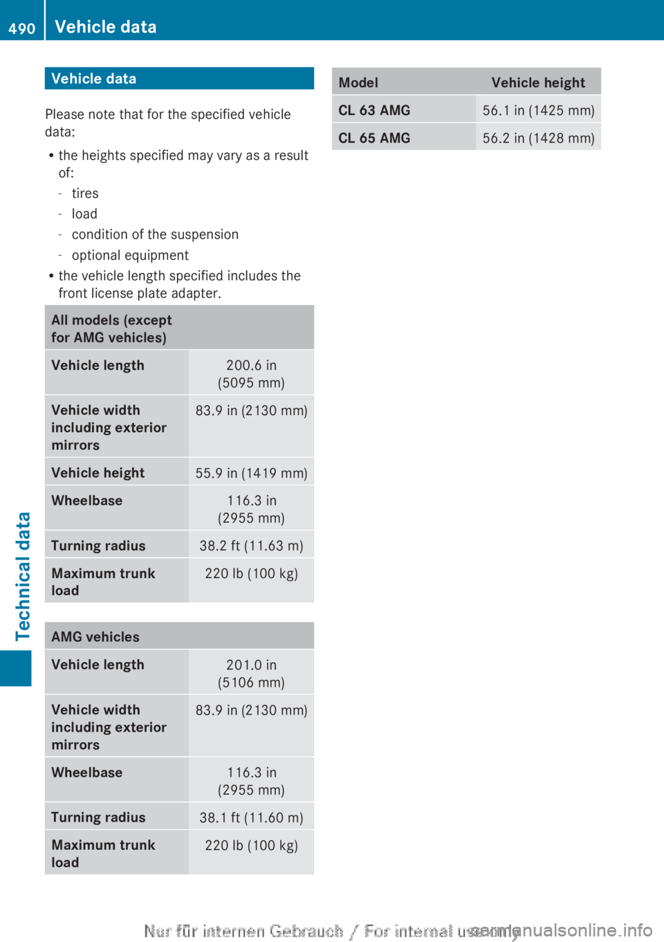 MERCEDES-BENZ CL CLASS 2013 Owners Manual Vehicle data
Please note that for the specified vehicle
data:
R the heights specified may vary as a result
of:
- tires
- load
- condition of the suspension
- optional equipment
R the vehicle length sp MERCEDES-BENZ CL CLASS 2013 Owners Manual Vehicle data
Please note that for the specified vehicle
data:
R the heights specified may vary as a result
of:
- tires
- load
- condition of the suspension
- optional equipment
R the vehicle length sp