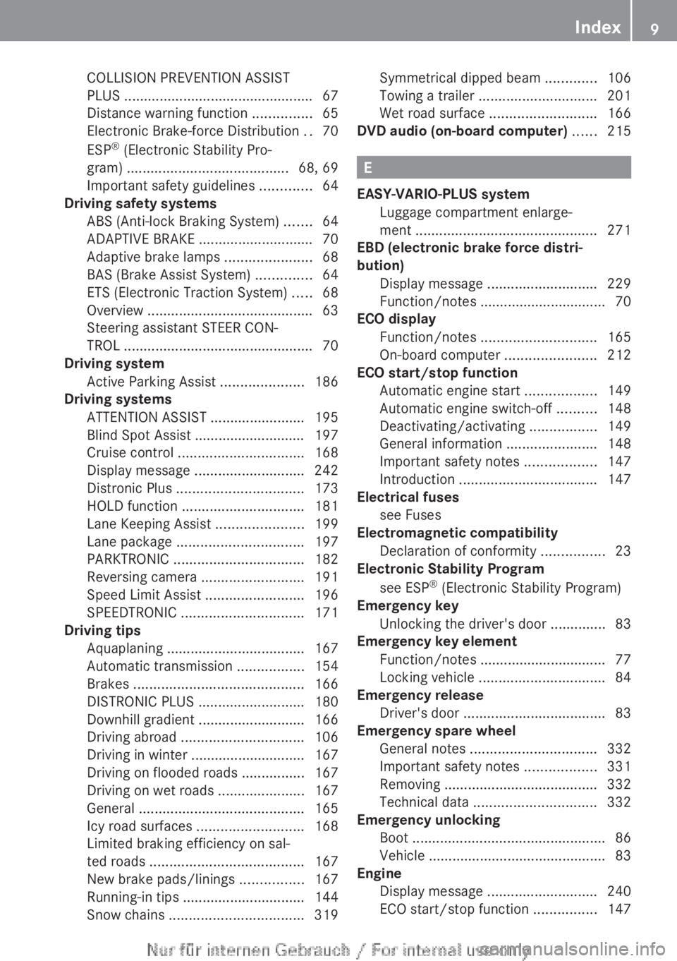 MERCEDES-BENZ CLA 2013  Owners Manual COLLISION PREVENTION ASSIST
PLUS  ................................................ 67
Distance warning function  ...............65
Electronic Brake-force Distribution  ..70
ESP ®
 (Electronic Stabili
