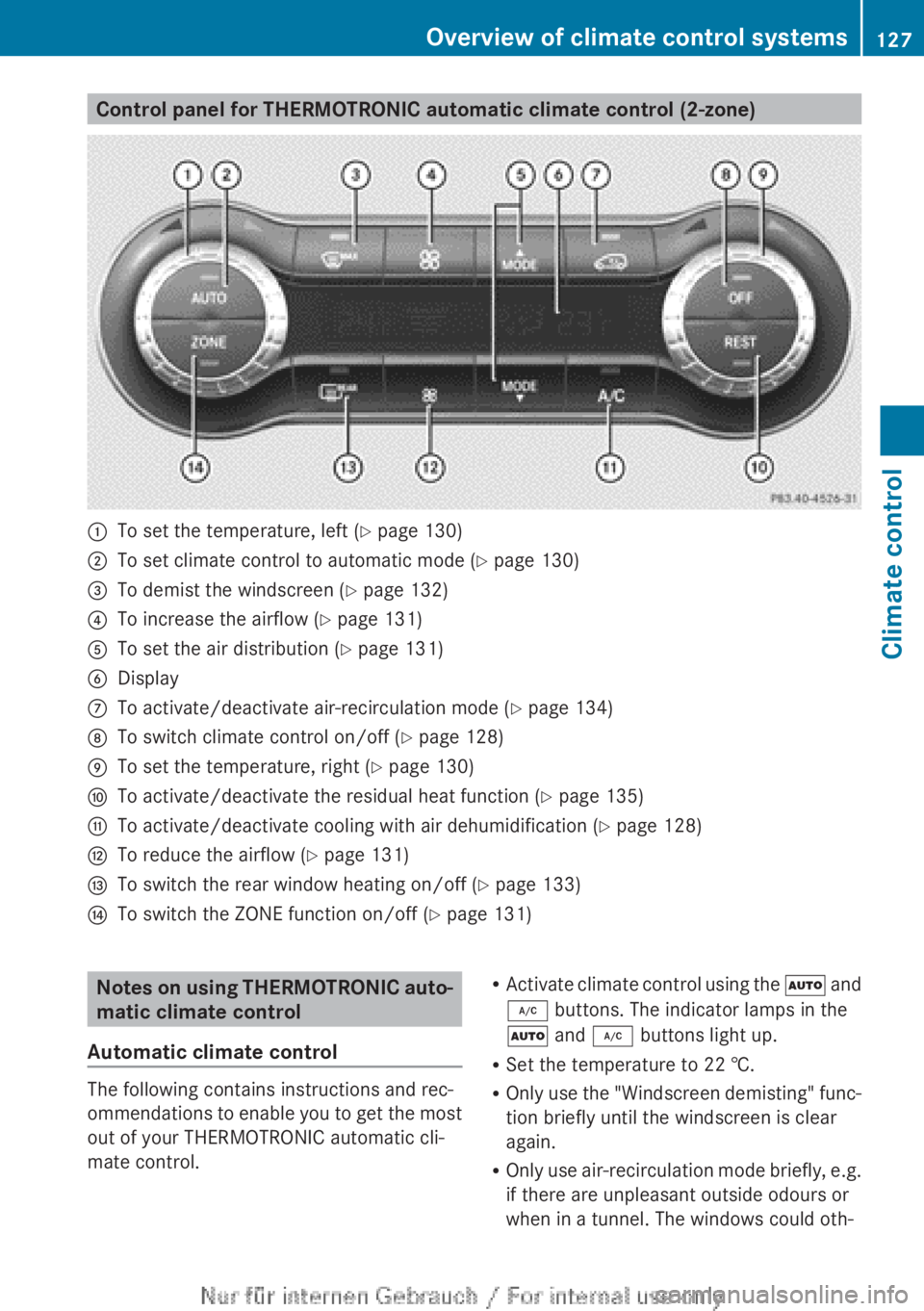 MERCEDES-BENZ CLA 2013 Owners Manual Control panel for THERMOTRONIC automatic climate control (2-zone):To set the temperature, left (Y page 130);To set climate control to automatic mode ( Y page 130)=To demist the windscreen ( Y page 132 MERCEDES-BENZ CLA 2013 Owners Manual Control panel for THERMOTRONIC automatic climate control (2-zone):To set the temperature, left (Y page 130);To set climate control to automatic mode ( Y page 130)=To demist the windscreen ( Y page 132