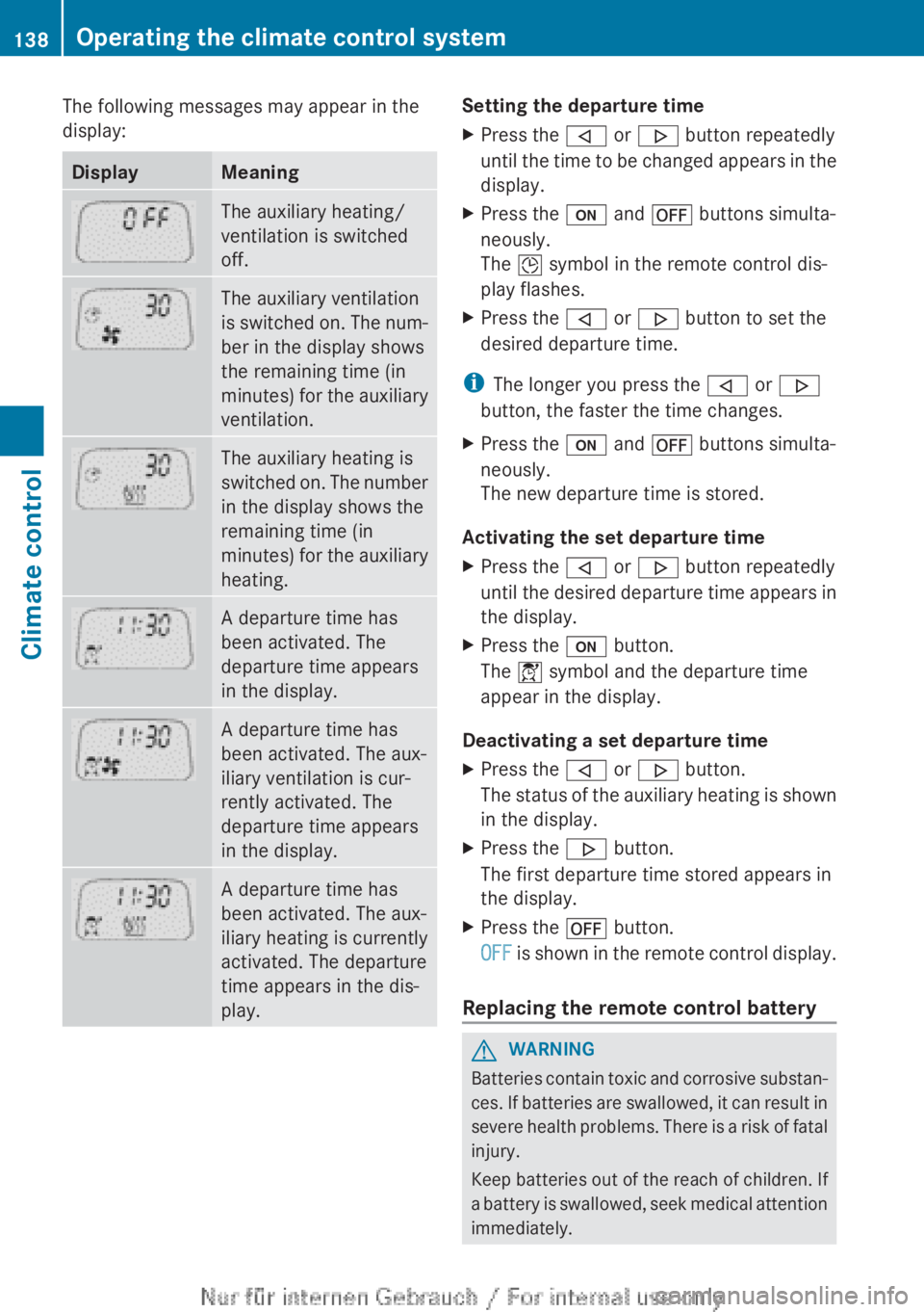 MERCEDES-BENZ CLA 2013 Owners Manual The following messages may appear in the
display:DisplayMeaningThe auxiliary heating/
ventilation is switched
off.The auxiliary ventilation
is switched on. The num-
ber in the display shows
the remain MERCEDES-BENZ CLA 2013 Owners Manual The following messages may appear in the
display:DisplayMeaningThe auxiliary heating/
ventilation is switched
off.The auxiliary ventilation
is switched on. The num-
ber in the display shows
the remain