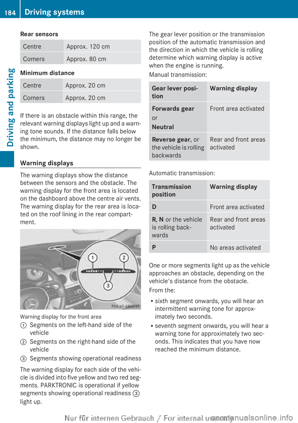 MERCEDES-BENZ CLA 2013 Owners Manual Rear sensorsCentreApprox. 120 cmCornersApprox. 80 cm
Minimum distance
CentreApprox. 20 cmCornersApprox. 20 cm
If there is an obstacle within this range, the
relevant warning displays light up and a wa MERCEDES-BENZ CLA 2013 Owners Manual Rear sensorsCentreApprox. 120 cmCornersApprox. 80 cm
Minimum distance
CentreApprox. 20 cmCornersApprox. 20 cm
If there is an obstacle within this range, the
relevant warning displays light up and a wa