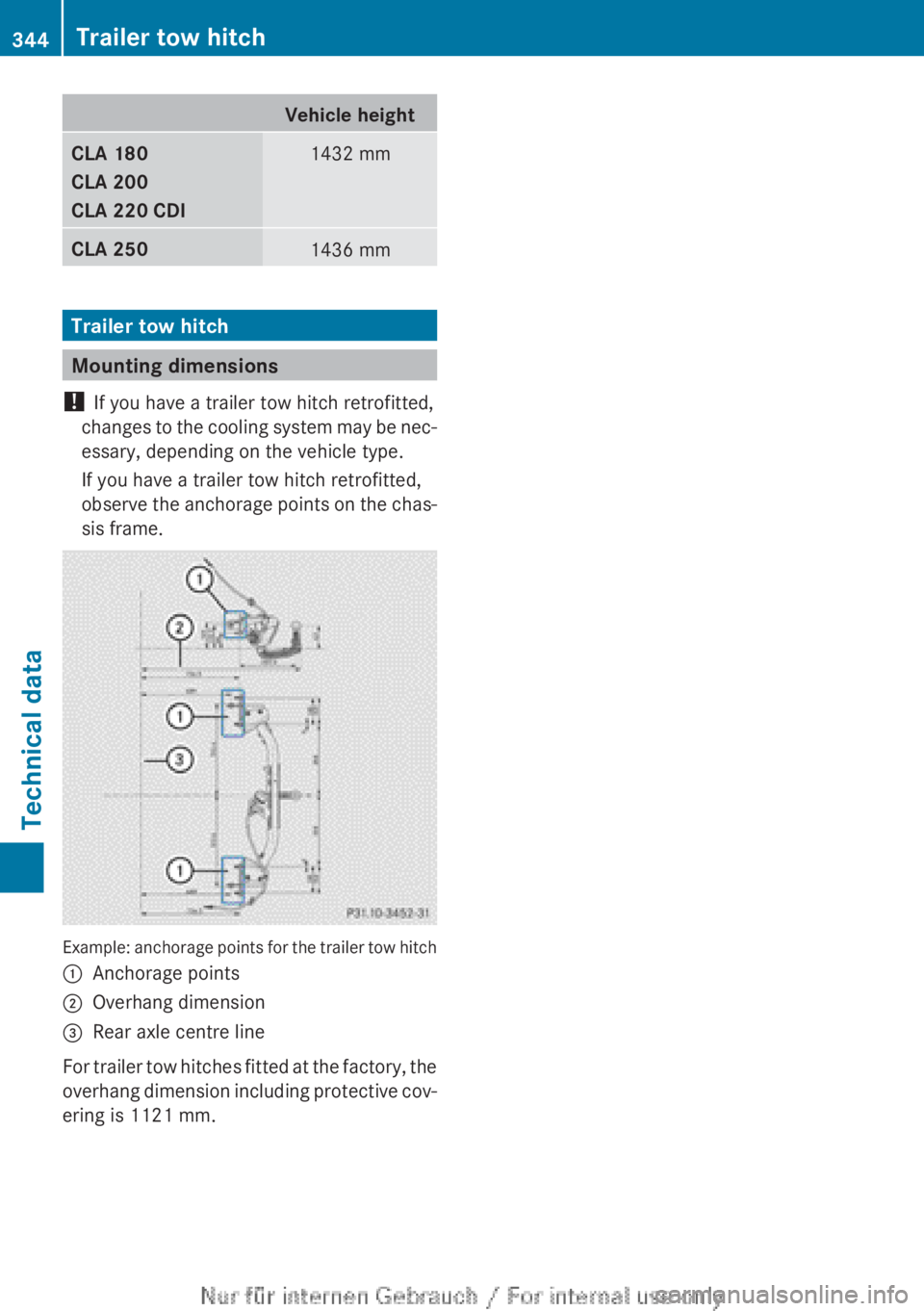 MERCEDES-BENZ CLA 2013 Owners Manual Vehicle heightCLA 180
CLA 200
CLA 220 CDI1432 mmCLA 2501436 mm
Trailer tow hitch
Mounting dimensions
! If you have a trailer tow hitch retrofitted,
changes to the cooling system may be nec-
essary, d MERCEDES-BENZ CLA 2013 Owners Manual Vehicle heightCLA 180
CLA 200
CLA 220 CDI1432 mmCLA 2501436 mm
Trailer tow hitch
Mounting dimensions
! If you have a trailer tow hitch retrofitted,
changes to the cooling system may be nec-
essary, d