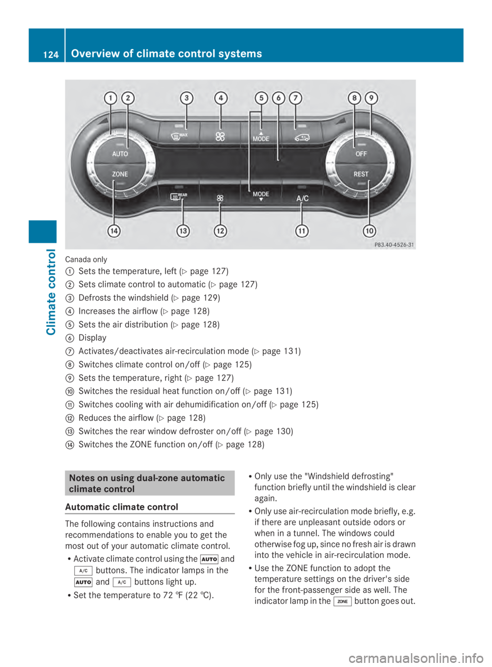 MERCEDES-BENZ CLA 2014  Owners Manual Canada only
�Sets the temperature, left (Ypage 127)
�Sets climate control to automatic (Ypage 127)
�"Defrosts the windshield (Ypage 129)
�!Increases the airflow (Ypage 128)
�Sets the air distributi
