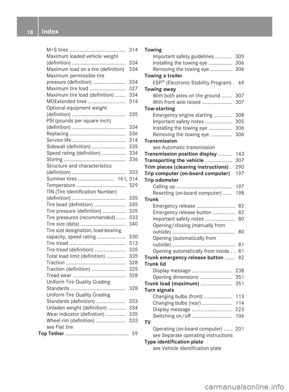 MERCEDES-BENZ CLA 2014 User Guide M+S tires.......................................314
Maximum loaded vehicle weight
(definition).....................................334
Maximum load on a tire (definition) 334
Maximum permissible tire
MERCEDES-BENZ CLA 2014 User Guide M+S tires.......................................314
Maximum loaded vehicle weight
(definition).....................................334
Maximum load on a tire (definition) 334
Maximum permissible tire