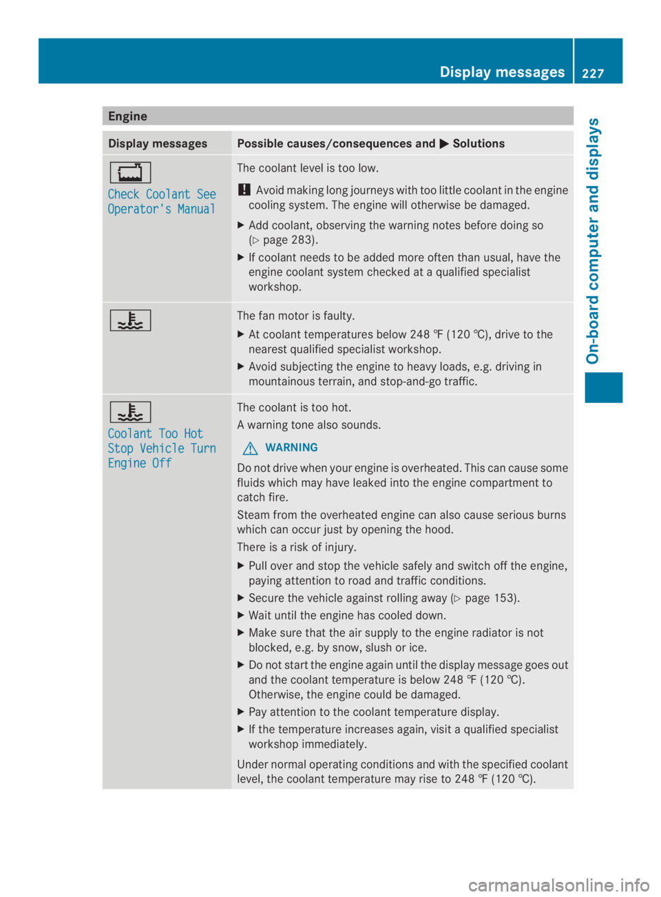 MERCEDES-BENZ CLA 2014  Owners Manual Engine
Display messagesPossible causes/consequences and�Solutions
�
Check Coolant See
Operator's Manual
The coolant level is too low.
!Avoid making long journeys with too little coolant in the e