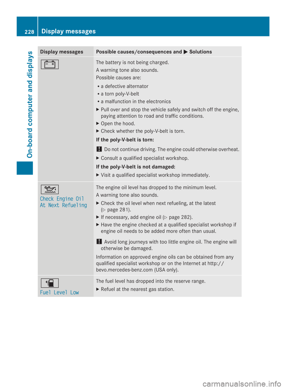 MERCEDES-BENZ CLA 2014  Owners Manual Display messagesPossible causes/consequences and�Solutions
�The battery is notbeing charged.
Awarning tone also sounds.
Possible causes are:
Ra defective alternator
Ra torn poly-V-belt
Ra malfunctio