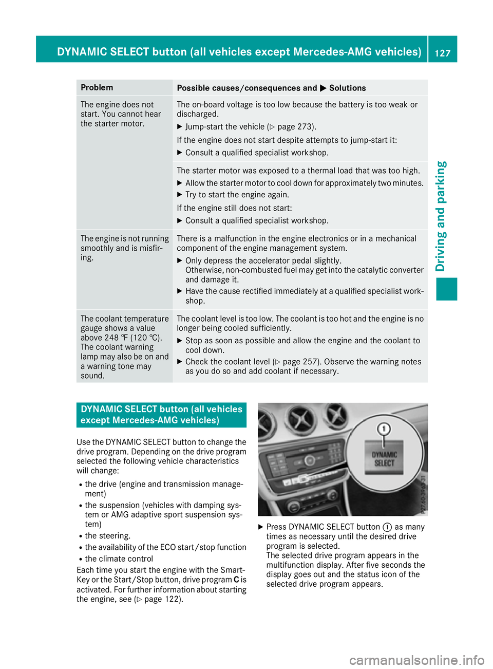 MERCEDES-BENZ CLA 2017  Owners Manual Problem
Possible causes/consequences and �P Solutions
The engine does not
start. You cannot hear
the starter motor. The on-board voltage is too low because the battery is too weak or
discharged. X
Jum