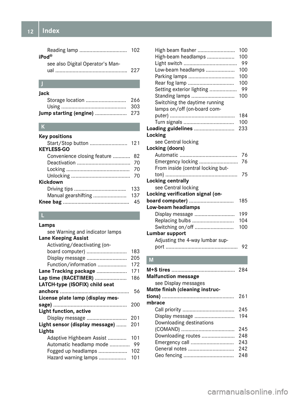 MERCEDES-BENZ CLA 2017 User Guide Readin g lamp ................................ .1 02
iPod ®
see also Digital Operator's Man-
ual ................................................. .2 27
JJack
Storage location ...................