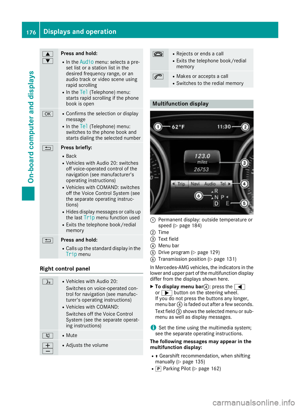 MERCEDES-BENZ CLA 2017  Owners Manual �c
�d Press and hold: R
In the Audio menu: selects a pre-
set list or a station list in the
desired frequency range, or an
audio track or video scene using
rapid scrolling R
In the Tel (Telephone) men