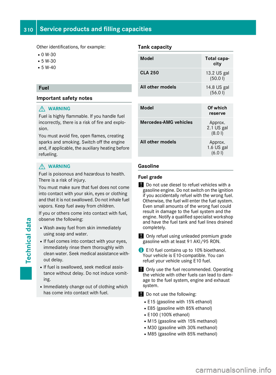 MERCEDES-BENZ CLA 2017  Owners Manual Other identifications, for example: R
0 W-30 R
5 W-30 R
5 W-40
Fuel
Important safety notes
G WARNING
Fuel is highly flammable. If you handle fuel
incorrectly, there is a risk of fire and explo-
sion.
